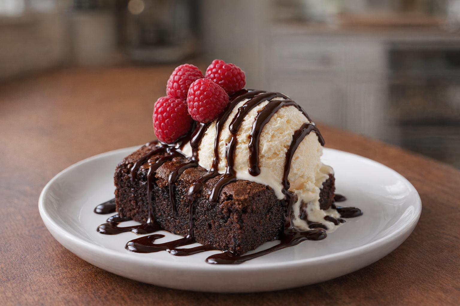 A single brownie square plated with a scoop of vanilla ice cream, drizzled with chocolate sauce and topped with fresh raspberries, studio lighting